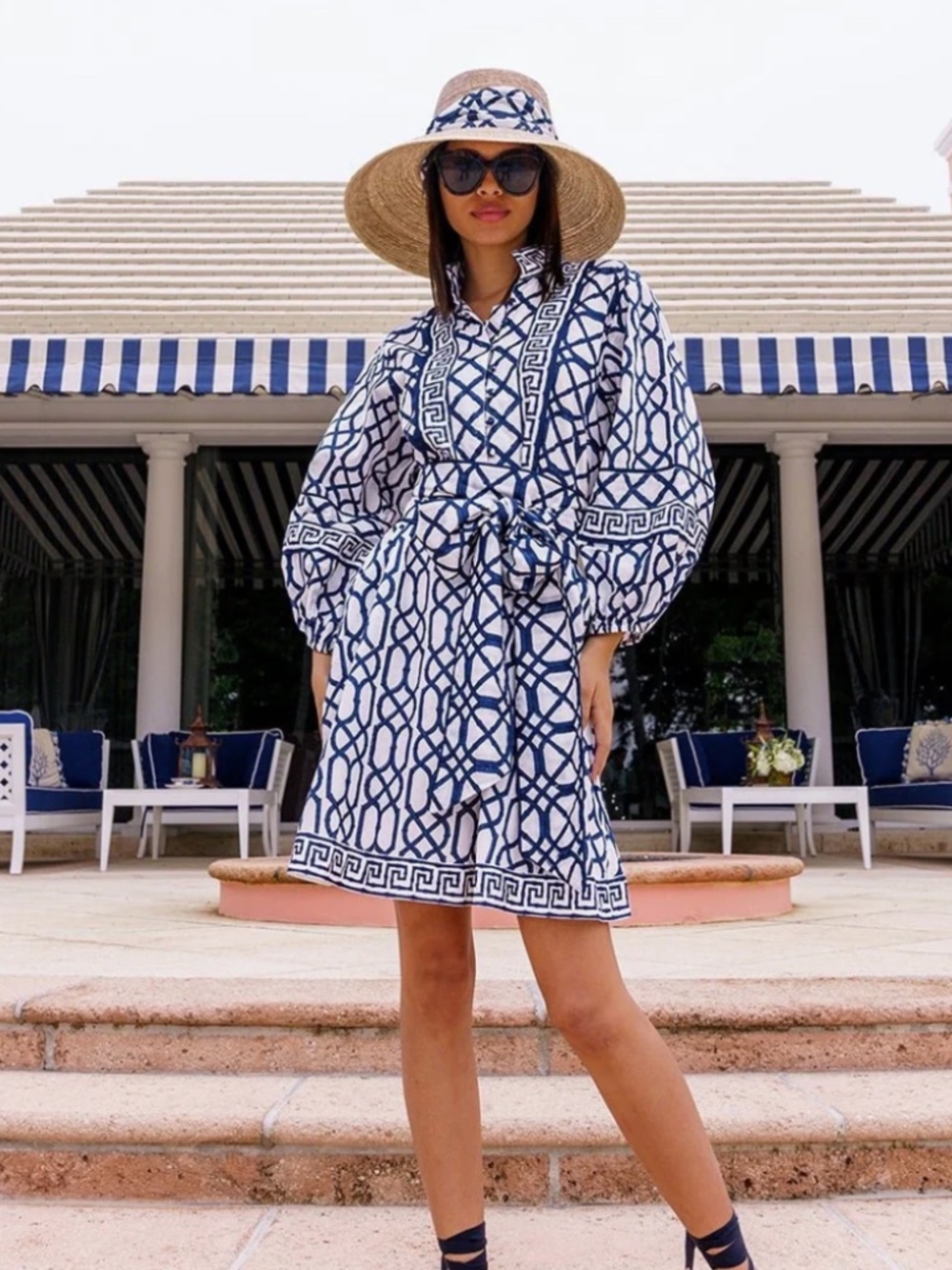 Sue Sartor Flounce Shorty in Navy Bamboo 100% Cotton Resort Bohemian Block Print